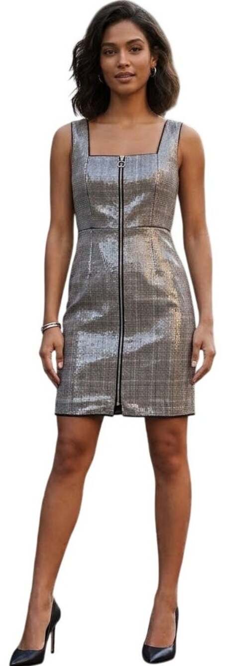 NEW LAUNDRY by SHELLI SEGAL Glen Plaid Zip Front Sequins Sheath Dress SZ 4